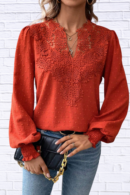 Swiss Dot Lace Detail Long Sleeve Blouse