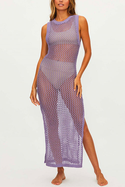 Backless Side Slit Bikini Cover Up Dress Purple OneSize