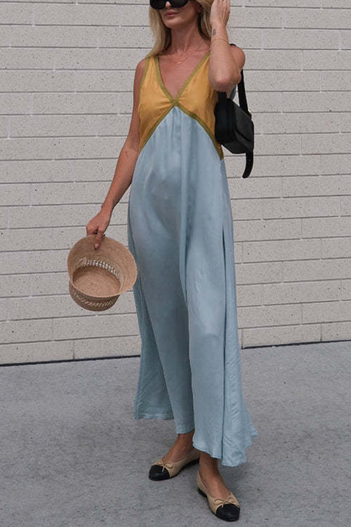 V Neck Color Block Sleeveless Maxi Swing Dress LightBlue