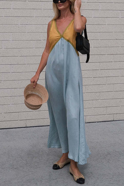 Rosiedress V Neck Color Block Sleeveless Maxi Swing Dress LightBlue