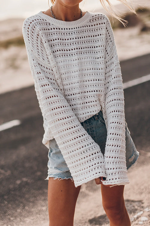 Rosiedress Crewneck Long Sleeves Hollow Out Boho Knitting Pullovers White