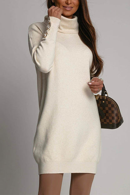 Turtleneck Buttons Solid Casual Sweater Dress Beige