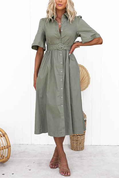 Short Sleeves Button Up Belted Midi Shirt Dress