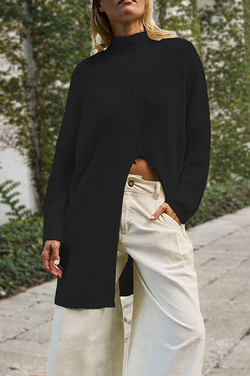 Mockneck Drop Shoulder Slit Front Loose Sweater Black