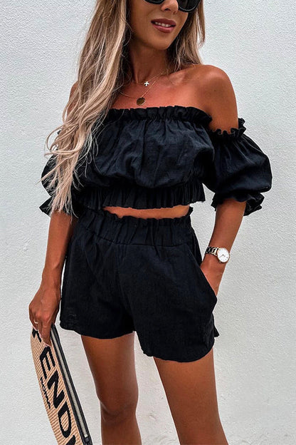 Rosiedress Ruffle Off Shoulder Short Sleeves Crop Top Elastic Waist Shorts Set Black