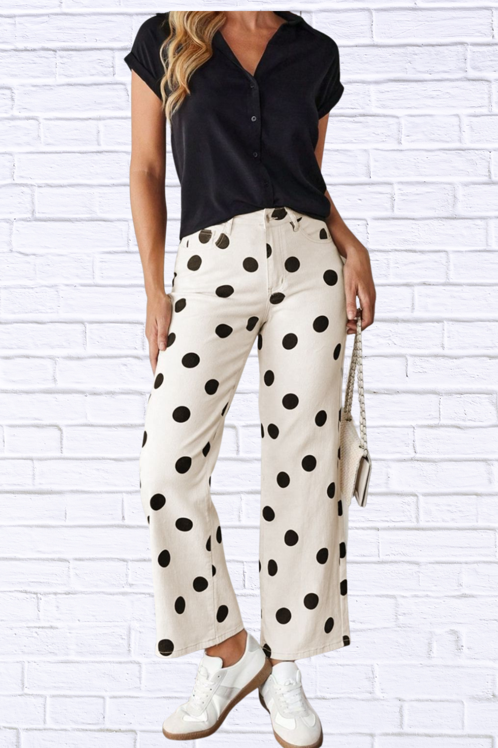 Black and White Polka Dot Wide Leg Pants with Front Pockets