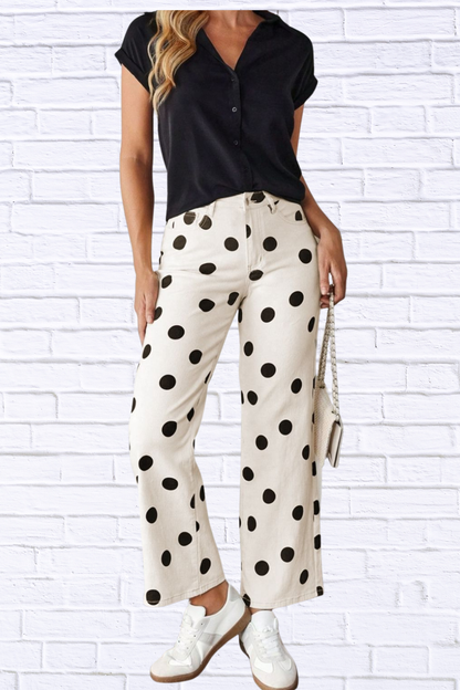 Black and White Polka Dot Wide Leg Pants with Front Pockets