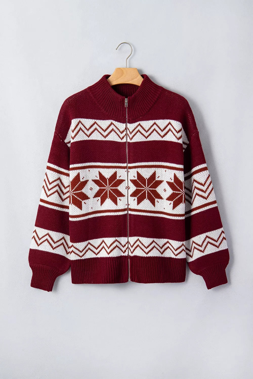 Geometric Pattern Zip-Up Knit Long Sleeve Regular Fit Cardigan