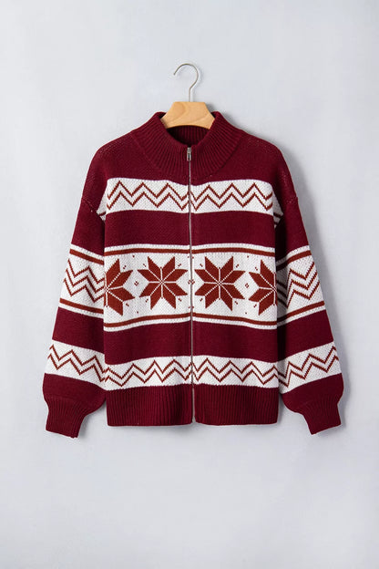 Geometric Pattern Zip-Up Knit Long Sleeve Regular Fit Cardigan