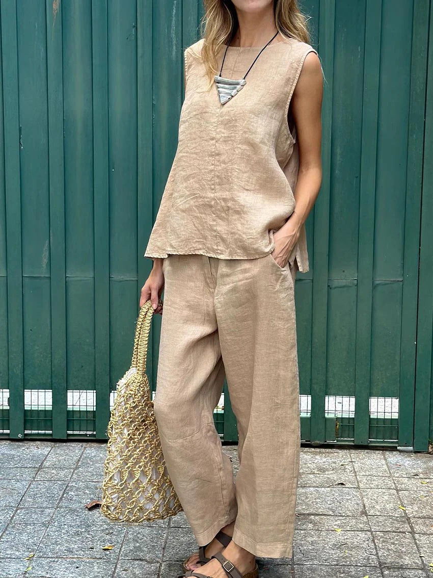 Casual Solid Color Sleeveless Vest & Pants Cotton Linen Two-piece Set