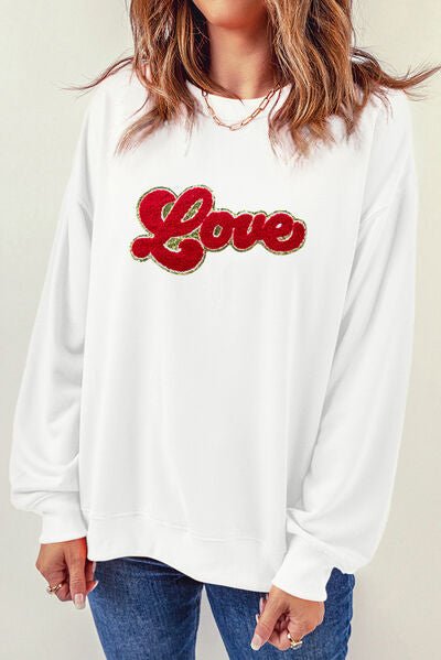 Blue Zone Planet | LOVE Embroidered Round Neck Dropped Shoulder Sweatshirt