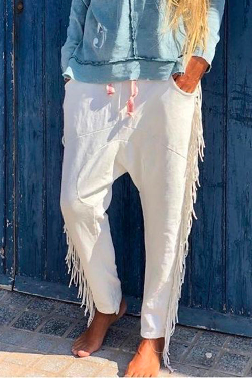 Rosiedress Tassel Fringes Harem Pants White