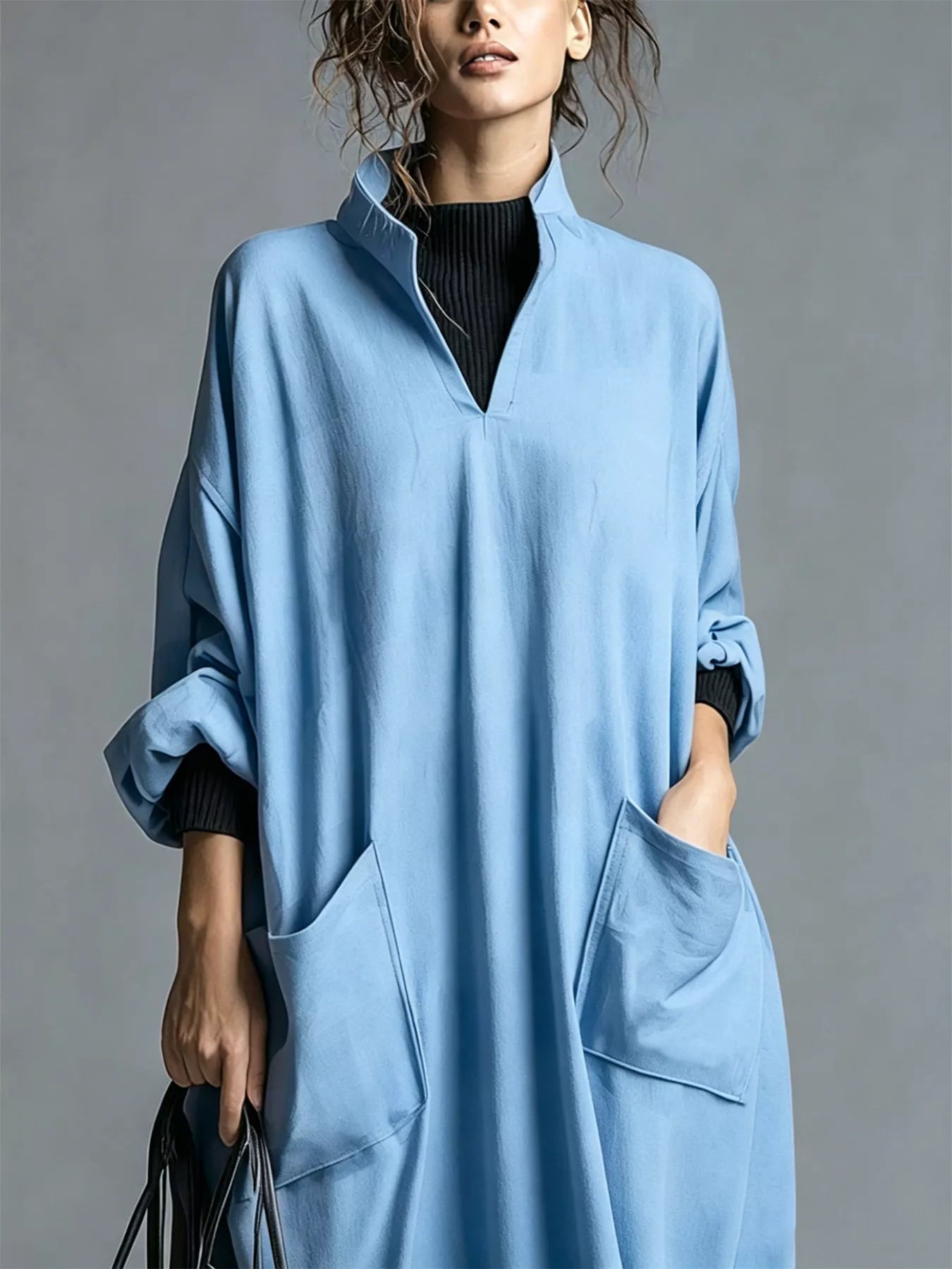Full Size Loose-Fit Mock Neck Midi Dress with Pockets Plus Size