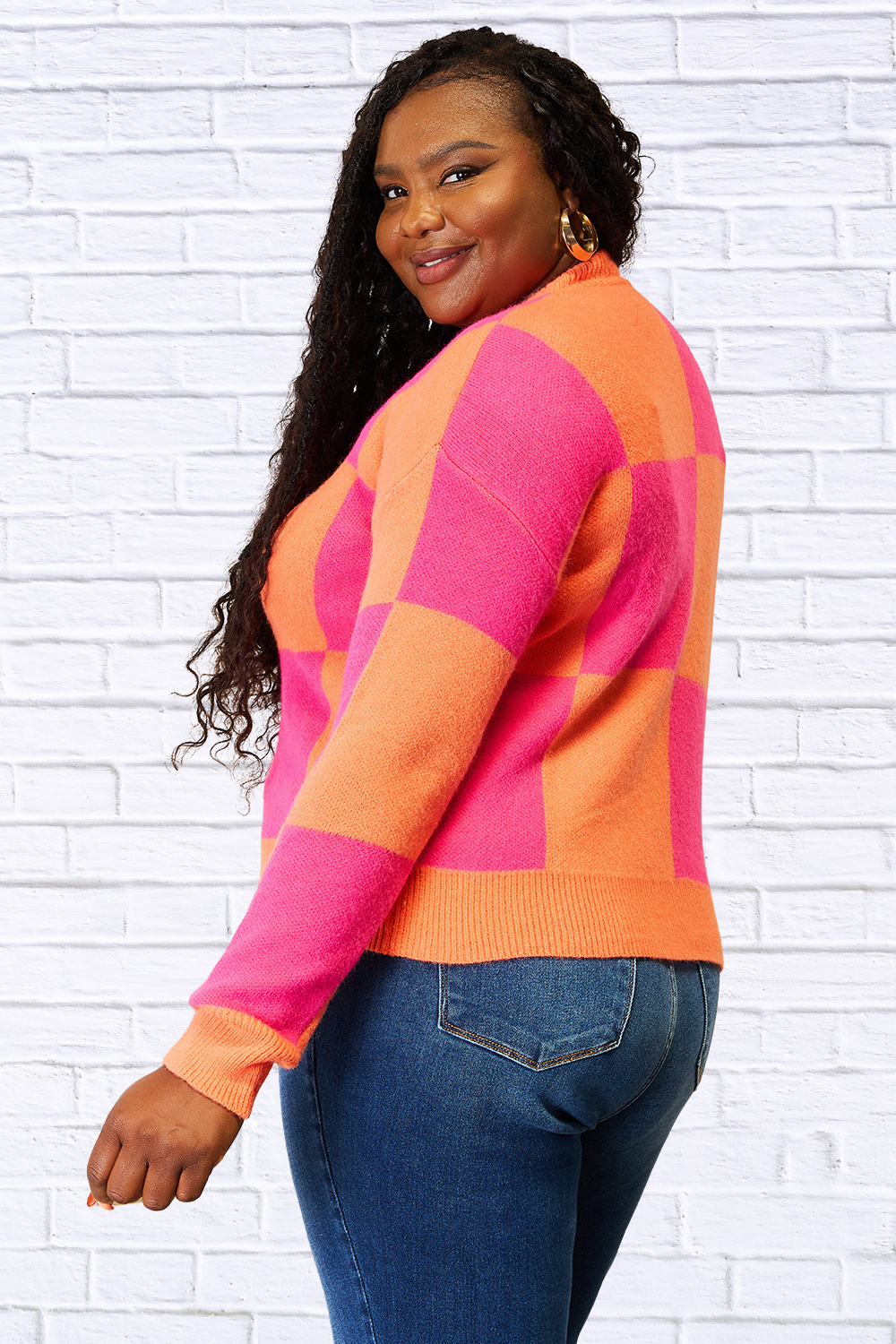 Melissa Woven Right Checkered V-Neck Dropped Shoulder Cardigan