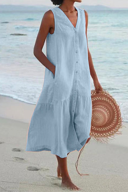 V Neck Sleeveless Beach Midi Dress(7 Colors) Light Blue