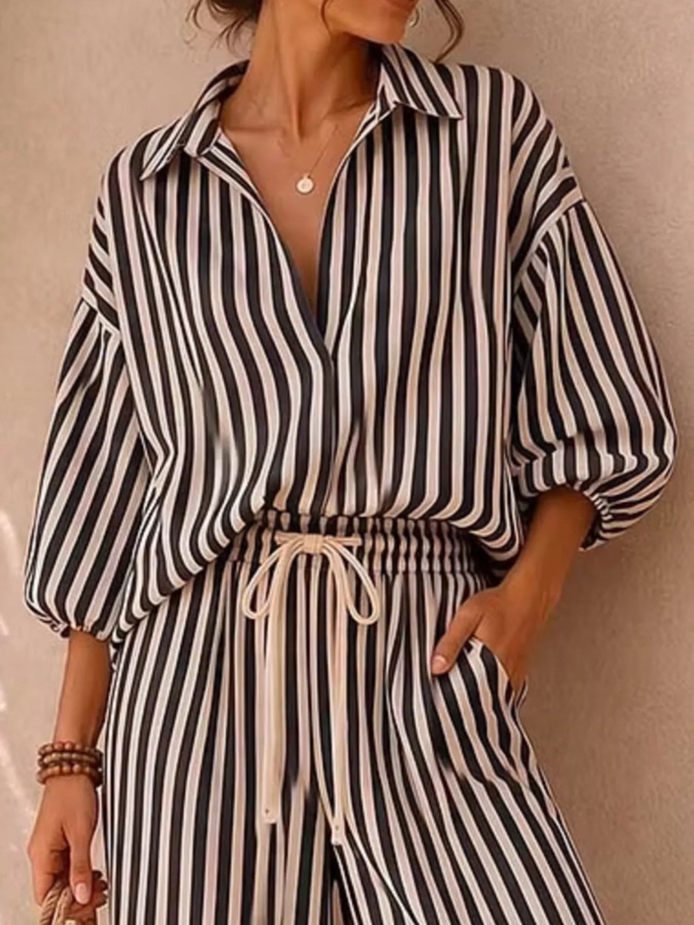 : Plus Size Striped Puff Sleeve Shirt & Wide-Leg Pants Set
