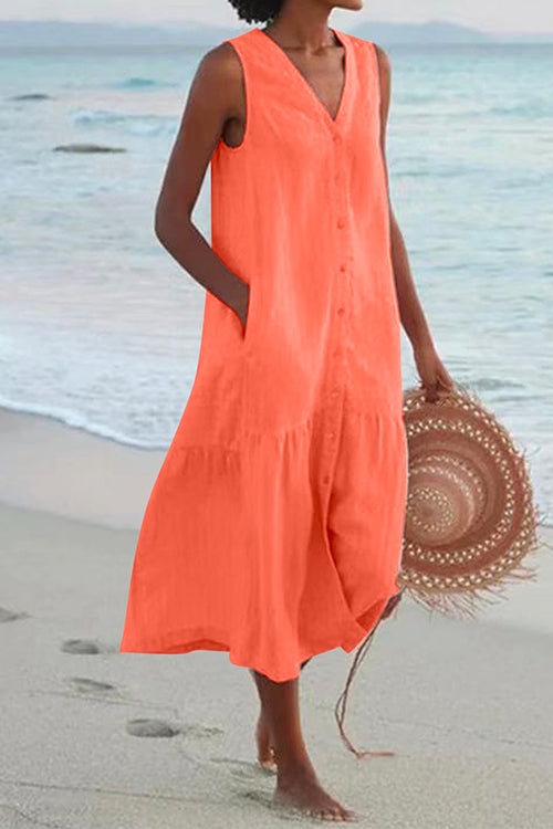 Rosiedress V Neck Sleeveless Beach Midi Dress(7 Colors) Orange