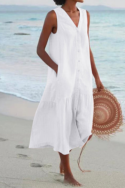 V Neck Sleeveless Beach Midi Dress(7 Colors) White
