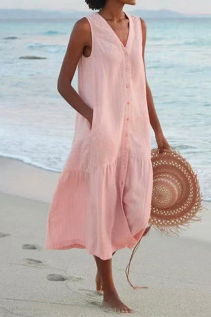 V Neck Sleeveless Beach Midi Dress(7 Colors) Pink
