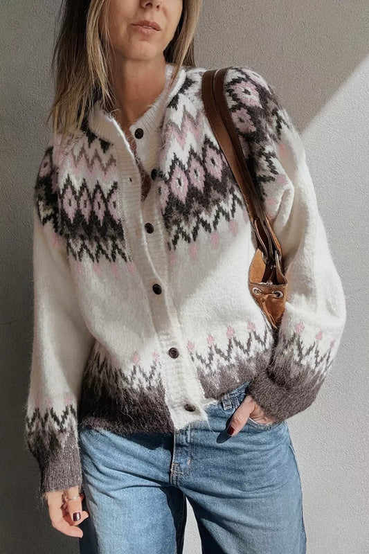 Geometric Pattern Brushed Knit Button Cardigan
