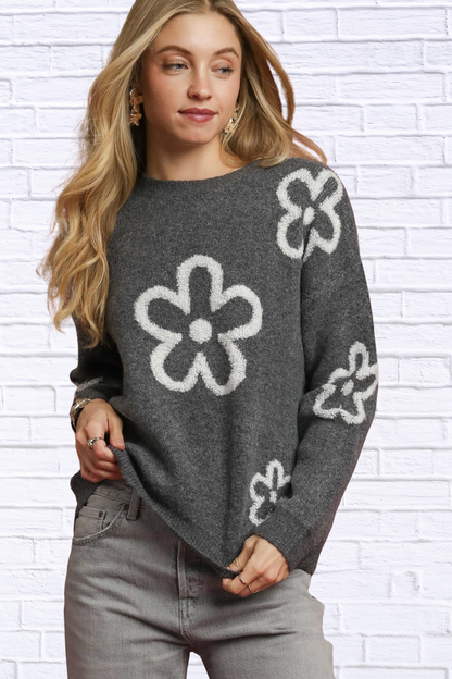 Charcoal Round Neck Sweater with Floral Accents