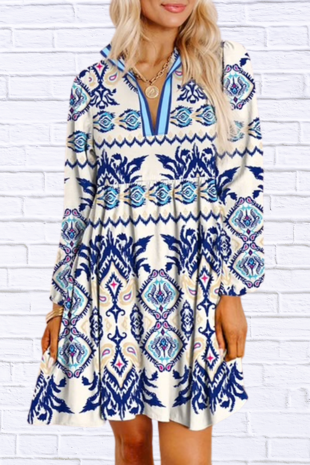 Blue Ethnic Print Striped Split Neck Mini Dress