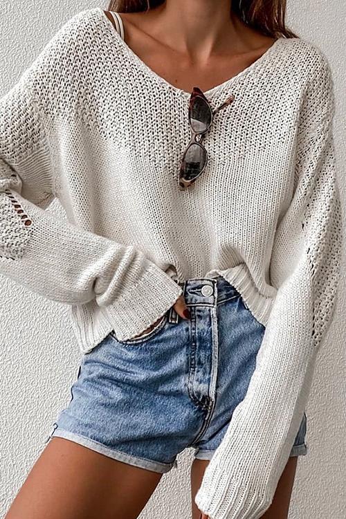 Rosiedress Drop Shoulder Crochet Knit Sweater Beige