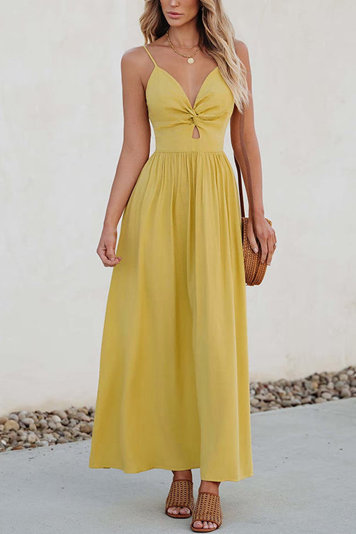 Twist V Neck Tie Back Cut Out Swing Maxi Cami Dress Yellow