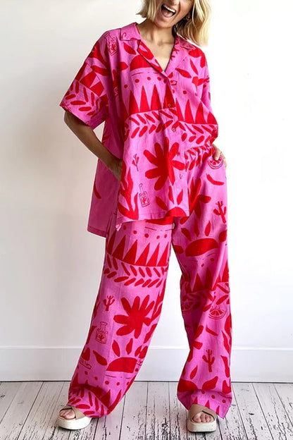 Rosiedress Unique Print Short Sleeves Blouse Shirt Elastic Waist Wide Leg Pants Set HotPink