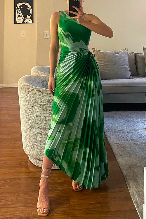 Printed One Shoulder Cut Out Pleated Maxi Dress Green
