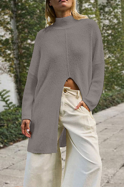Mockneck Drop Shoulder Slit Front Loose Sweater Gray