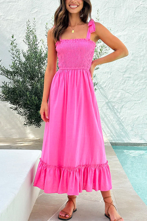 Rosiedress Wide Straps Bow Shoulder Smocked Ruffle Maxi Dress