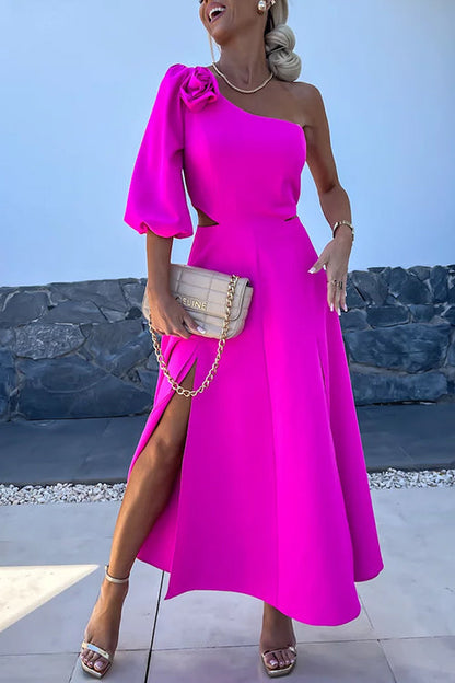 Rosiedress 3D Rose One Shoulder Cut Out Waist Slit Midi Satin Dress