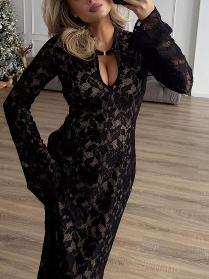 Lace Long-Sleeve Bodycon Maxi Dress
