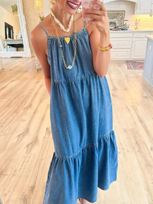 Full Size Tiered Ruffle Hem Denim Dress Plus Size