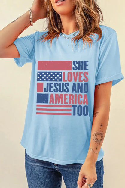 Patriotic Us Flag Round Neck Short Sleeve T-Shirt