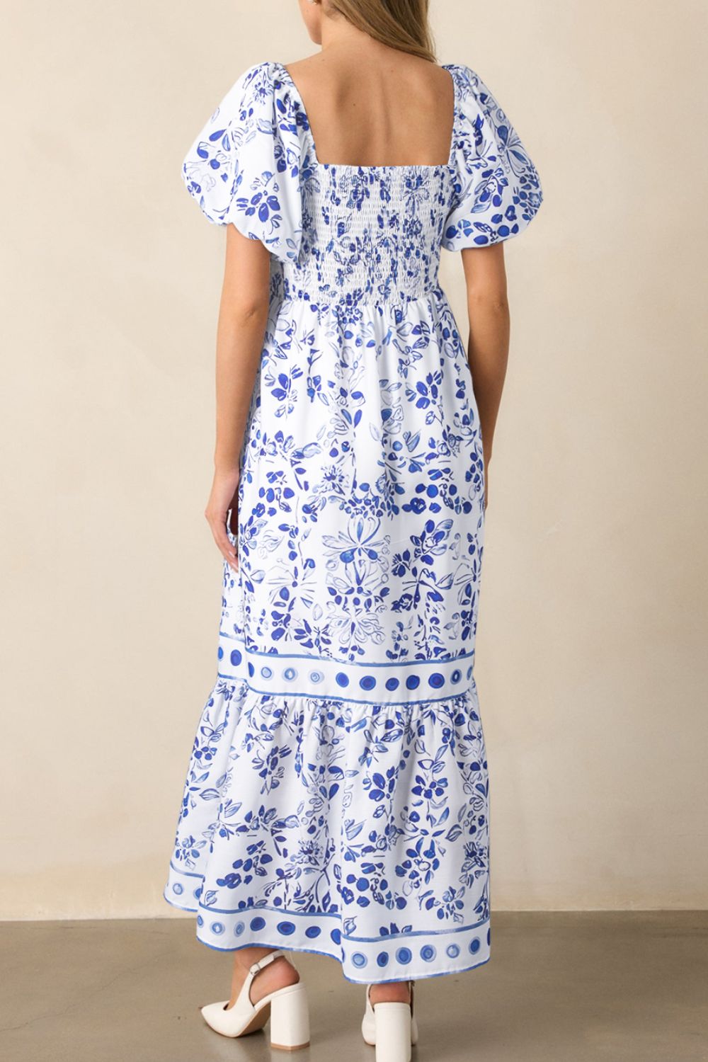 Smocked Printed Square Neck Puff Sleeve Dress