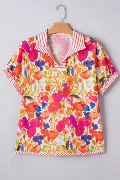 Striped Trim Collared V Neck Short Sleeve Floral Print Blouse