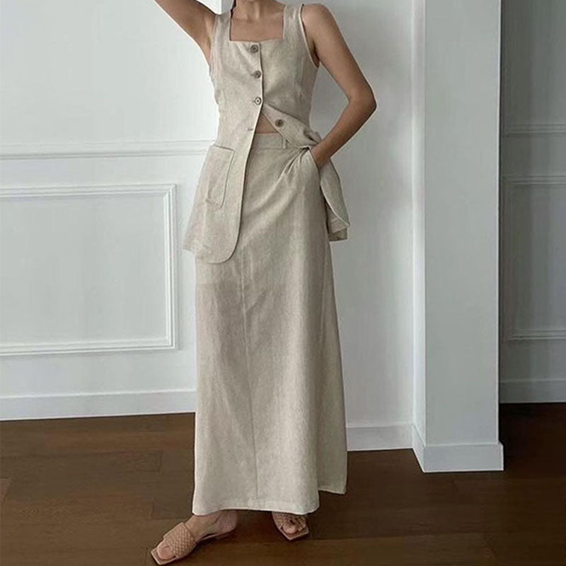 Casual Cotton Vest Skirt Suit