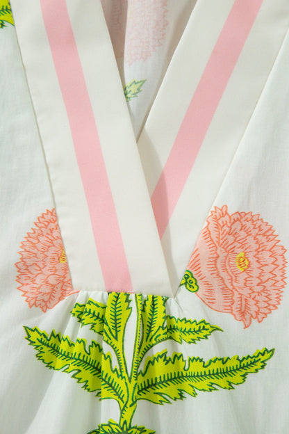 Pink Plus Size Floral Print Striped Trim V Neck Blouse