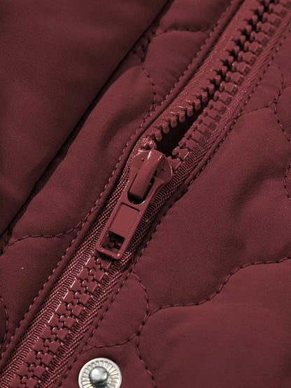 Burgundy Quilted Snap Down Zip Up Vest Coat – Women’s Lightweight Warm Outerwear for Fall & Winter