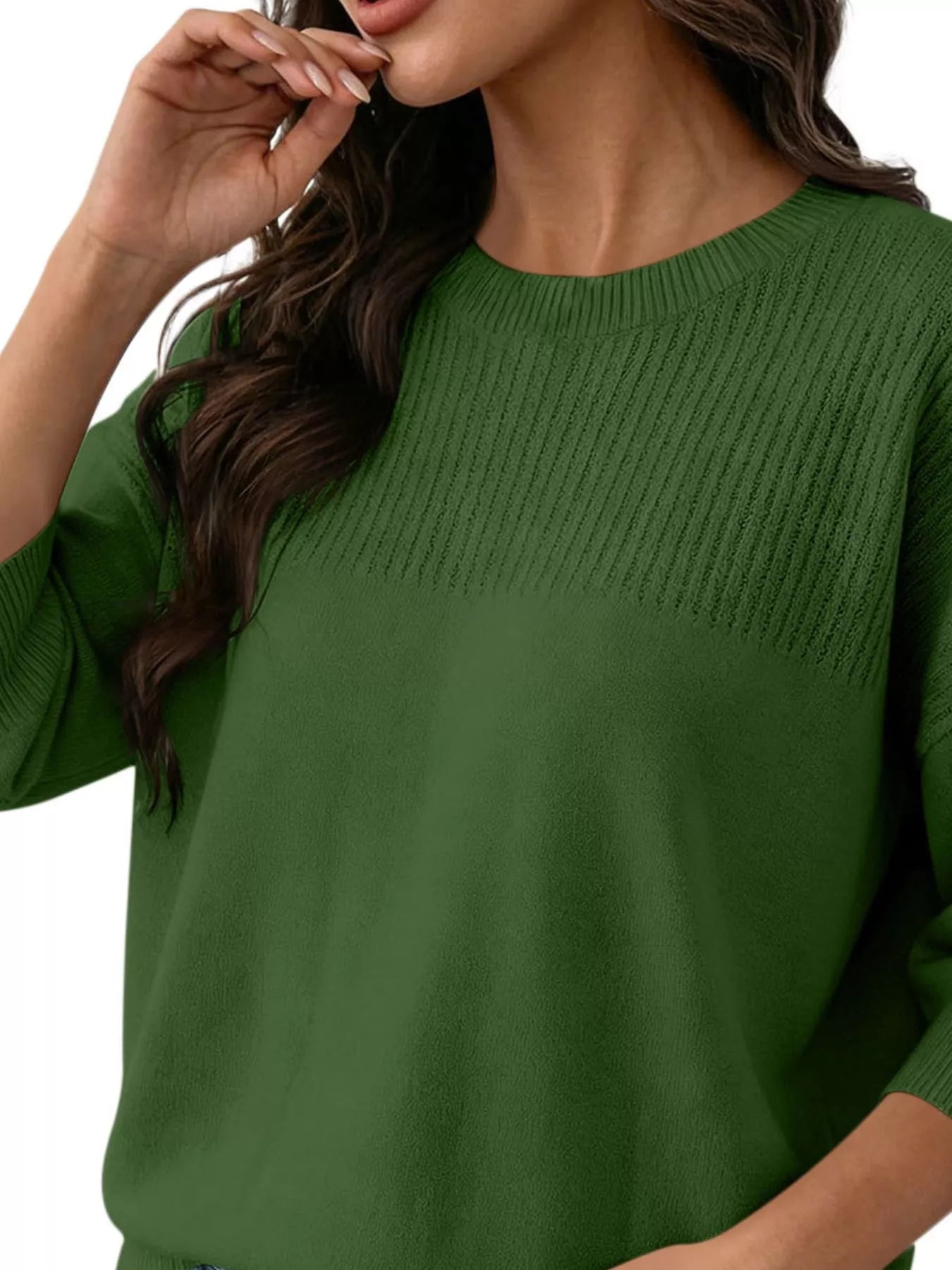 Elegant Crew Neck Eyelet Ribbed Sweater