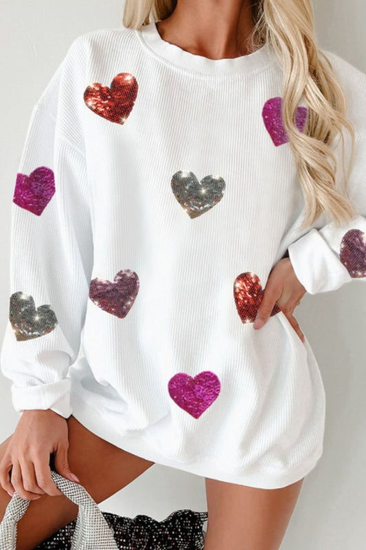 Blue Zone Planet | Valentine’S Day Sequin Heart Round Neck Long Sleeve Sweatshirt
