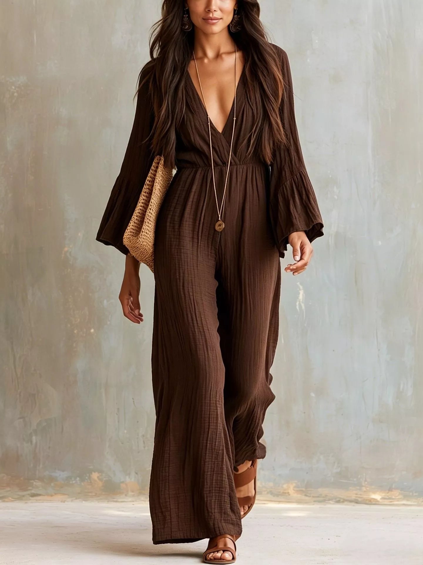 Textured Flare Sleeve Jumpsuit
