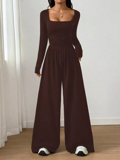 Ruched Square Neck Wide-Leg Jumpsuit