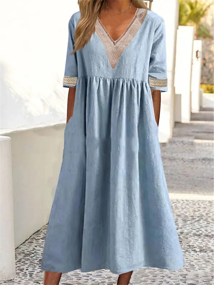 Solid Color Short-sleeved with Lace V-neck Tucked Dress