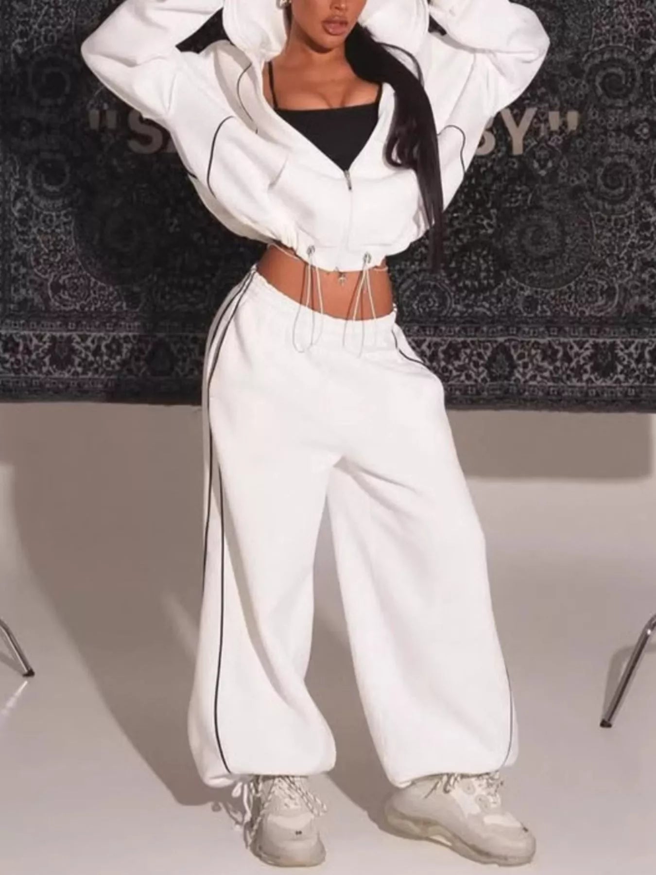 Cropped Zip-Up Hoodie and Wide-Leg Sweatpants Lounge Set
