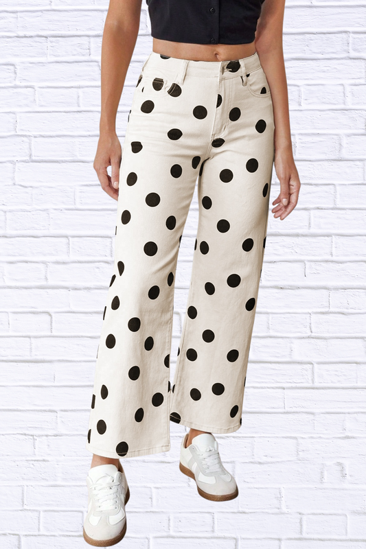 Black and White Polka Dot Wide Leg Pants with Front Pockets