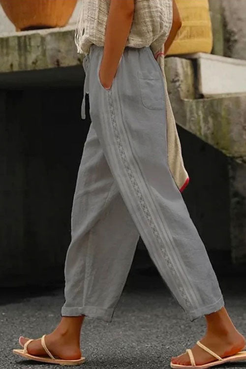 Drawstring Elastic Waist Cotton Linen Tapered Pants Gray