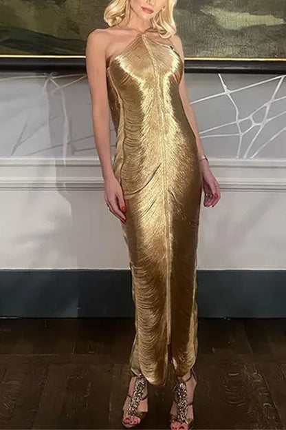 Chicest Halter Draped Fringe Maxi Party Dress Gold